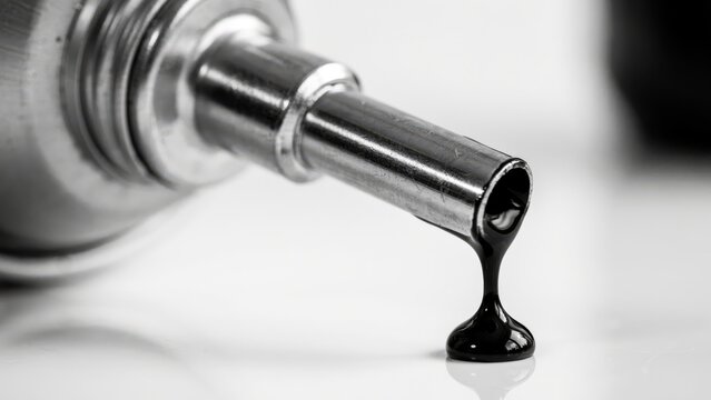 Close-up of black viscous liquid dripping from a metal nozzle, isolated on white background