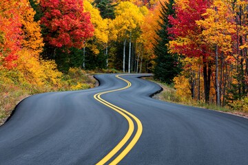 Naklejka premium Autumn winding asphalt road through a scenic forest with colorful fall foliage
