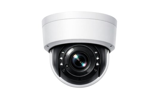 A close-up of a white dome security camera with a black lens.