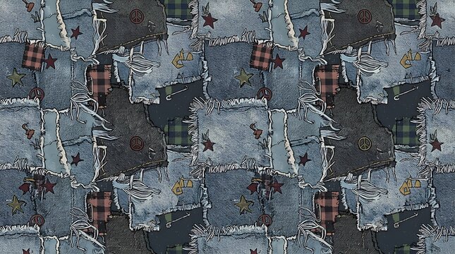Distressed denim patchwork pattern with stars and flannel accents
