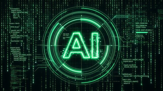 Artificial intelligence technology concept with glowing green hud and binary code background