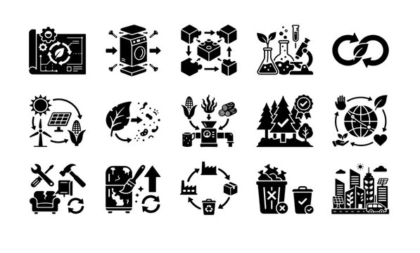 Circular economy icons set, 15 black glyph vector elements for sustainable industry, green manufacturing and waste management concepts