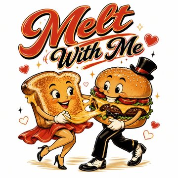 Cheerful burger characters dancing in love celebration. Animated fast food couple hugging with hearts and playful romance.