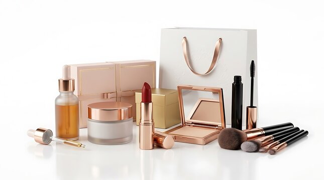 Set of cosmetic makeup products and brushes with a shopping bag for beauty and skincare shopping. high-end makeup sale
