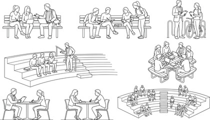 Obraz premium Set of outline vector illustrations of students and professionals studying and working together