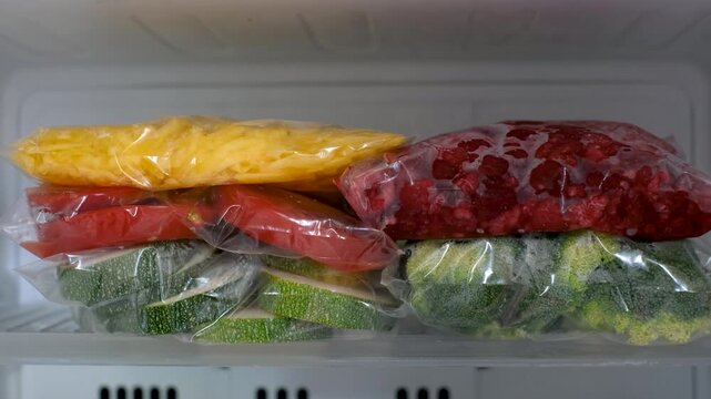 A woman's hand puts zip lock bag with yellow carrots into the refrigerator, concept storage.