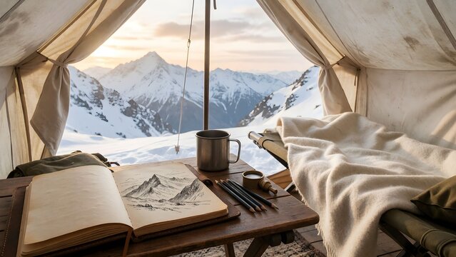 Cozy mountain tent interior with journal and tea set overlooking snowy peaks