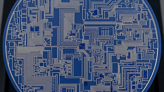 Intricate blue circular circuit board pattern with white etched pathways and connection points