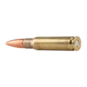 A single brass rifle cartridge bullet isolated on transparent background