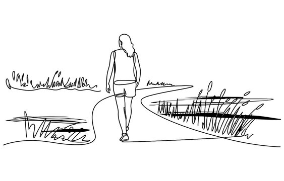 Continuous line drawing of a woman walking on a path in nature Vector, illustration