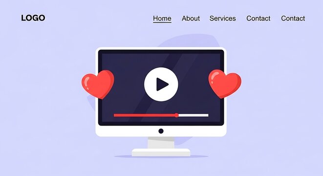 Digital Media Streaming Website Landing Page Illustration with Heart Icons