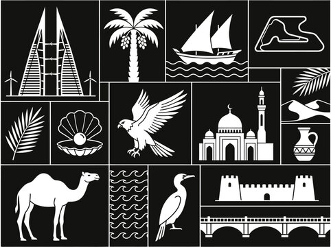 Bahrain Cultural Heritage and Modern Landmark Icon Grid Vector
