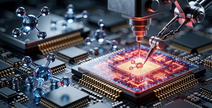 Robotic arm manipulates atomic structures on microchip surface. High tech lab tool builds tiny circuits with precision equipment. Digital particles hover over electronic board during molecular