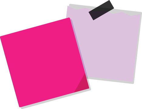 Bright pink and light purple memo sheets with black adhesive tape flat vector illustration for office and creative planning