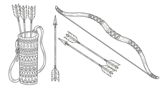 Vintage archery set with bow and arrows, traditional tribal quiver with geometric patterns, hand drawn black and white vector illustration