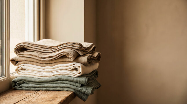 Stack of folded linen textiles in soft neutral colors on a rustic wooden windowsill, illuminated by warm natural light for a cozy home interior.