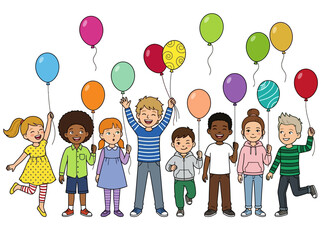 Fototapeta premium Diverse Group of Happy Children Holding Colorful Balloons Illustration