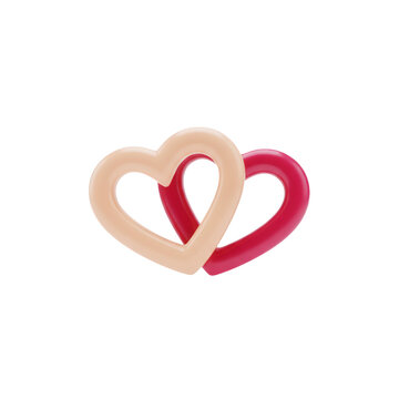 Two interlocking heart shapes in light pink and dark red colors representing love and connection