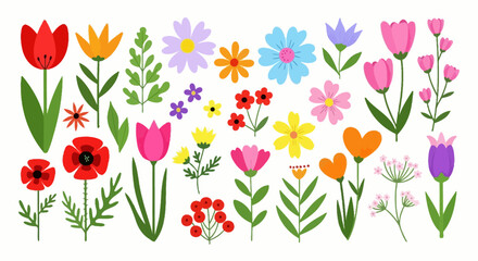 Colorful spring flower collection, flat vector floral set with tulips and daisies, vibrant botanical elements for garden design and greeting cards © Alien