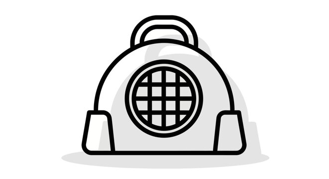 Minimalist pet carrier icon, black and white line art pet travel bag, portable animal crate vector illustration for veterinary and pet care services