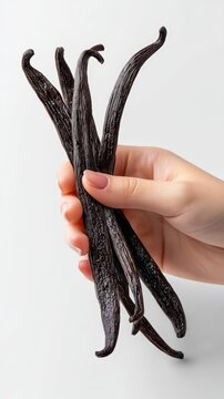 Hand holding a bundle of fresh organic vanilla beans