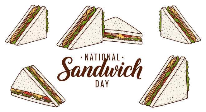 National Sandwich Day vector illustration, vintage hand drawn club sandwich set, delicious deli snack with lettuce and cheese for restaurant menu
