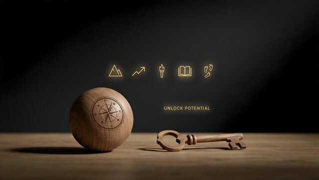 Conceptual image of a wooden sphere with a compass design and a wooden key on a table, symbolizing guidance and unlocking potential with glowing icons representing growth, knowledge, and journey