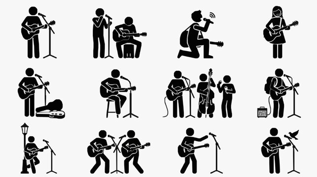 Musicians performing live with guitars and microphones.