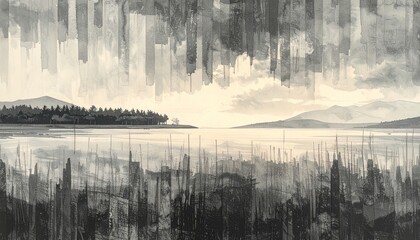 Fototapeta premium Serene Sunrise Over Mountain Lake with Morning Mist Forest Reflections and Calm Water Landscape in All Seasons