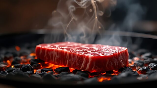 Fresh marbled beef steak grilling over hot charcoal embers with rising smoke in close up view