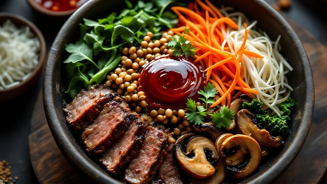 Traditional Korean bibimbap bowl with colorful vegetables and beef on a dark rustic table