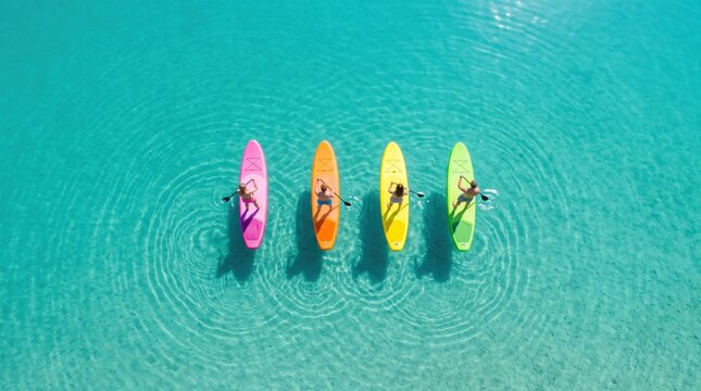 An aerial view of four colorful paddleboards arranged in a row floating on crystal clear turquoise water, with paddlers casting shadows below.