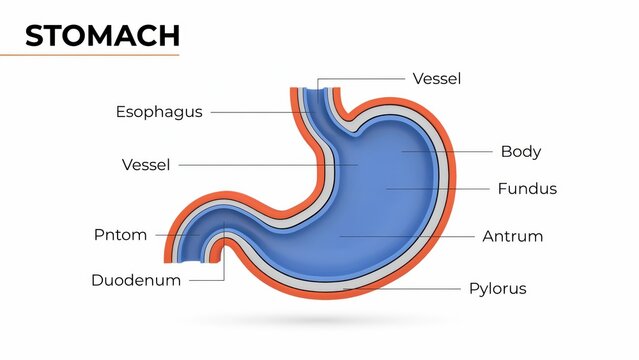 Human stomach anatomy diagram, digestive system internal organ isolated on white background.
