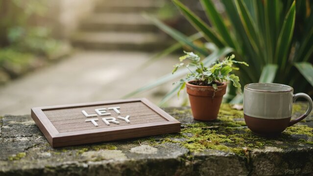 LET TRY message on a wooden letter board in a garden with a potted plant and mug