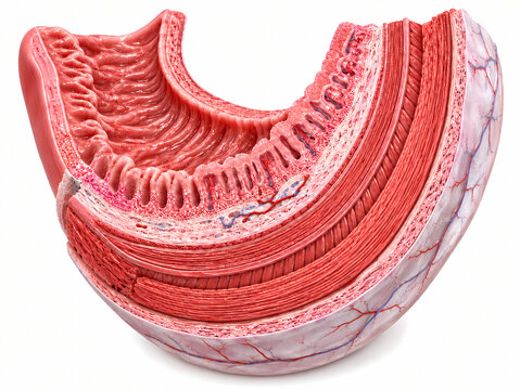 Anatomical cross section of the intestinal wall showing mucosa submucosa and muscular layers