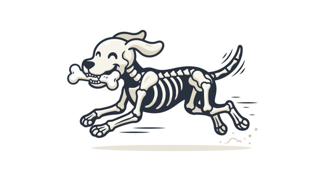 Cute cartoon skeleton dog character running and holding a bone illustration isolated on white background