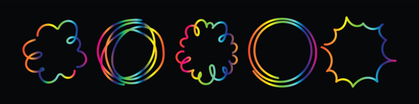 Collection of hand drawn irregular rainbow colored circle frames with scribble handdrawn colorful creative