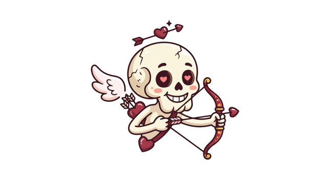 Cute cupid skull character with wings and bow arrow art isolated on white background
