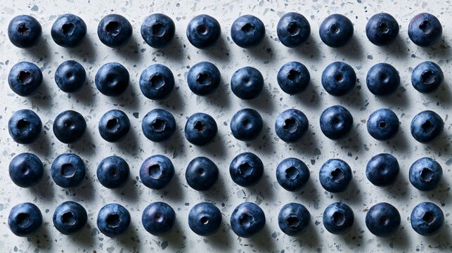 A geometric composition featuring blueberries arranged in perfectly aligned rows across pale terrazzo creating visual rhythm and balance