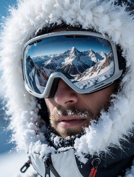 Young man wears ski goggles with snowy mountain reflection. Guy in fur hood stands on mountain top during winter sports season. Male snowboarder explores cold outdoor landscape. Extreme athlete
