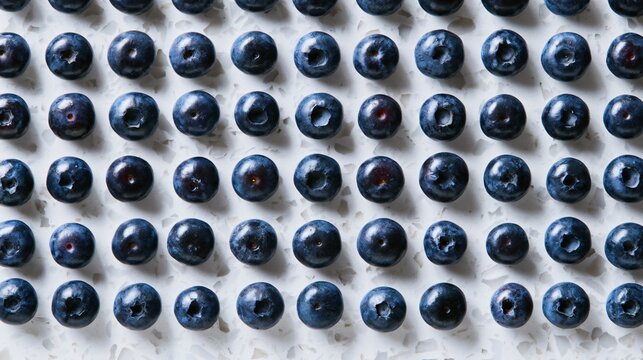 A geometric composition featuring blueberries arranged in perfectly aligned rows across pale terrazzo creating visual rhythm and balance