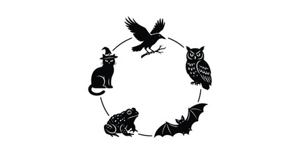Naklejka premium Halloween animal silhouette circle icon with witch cat raven owl frog and bat isolated on white background