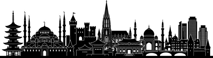 Fototapeta premium Silhouette of international historic landmarks skyline with mosques and pagodas on transparent background