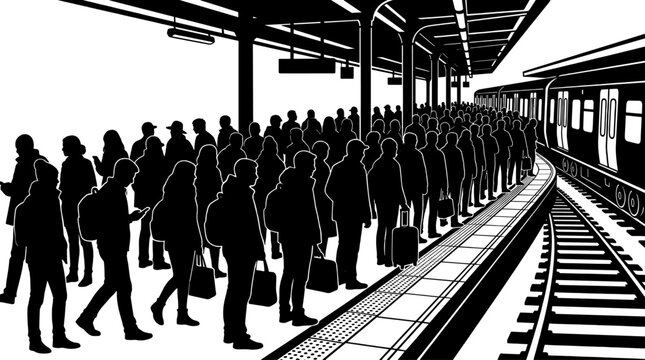 Silhouette of large crowd of commuters waiting on train platform as subway arrives