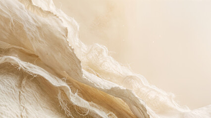 Fototapeta premium Close-up view of soft, layered natural materials showing intricate textures and shades. Light filters through these layers, creating a warm glow