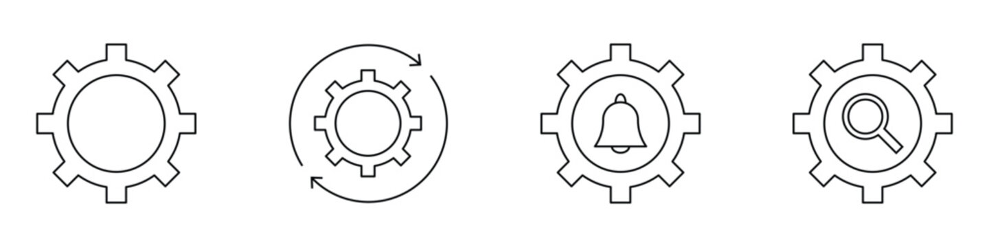 Collection of gear icons with various interior tools and settings symbols for industrial design, mechanical