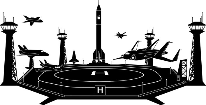 Silhouette of spaceport launchpad with rocket spaceships helipad and control towers on tarmac
