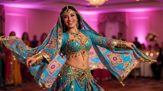 Joyful Arabic belly dancer in colorful costume performs with flowing veil at indoor celebration. Woman smiles, moves gracefully to music, entertaining guests at event. Festive mood.