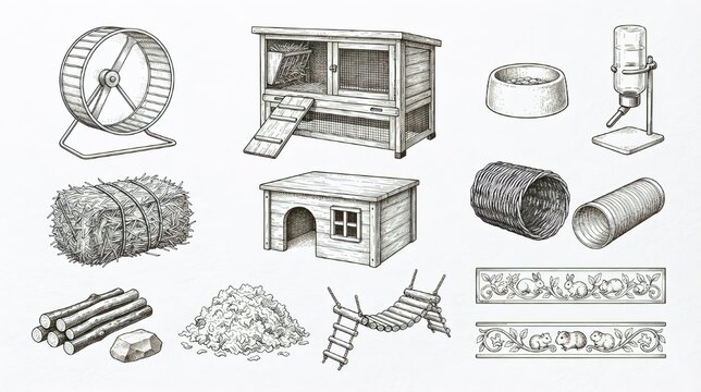 Hand draw small pet and rodent care elements set, hutch, wheel, tunnels, and vector illustration