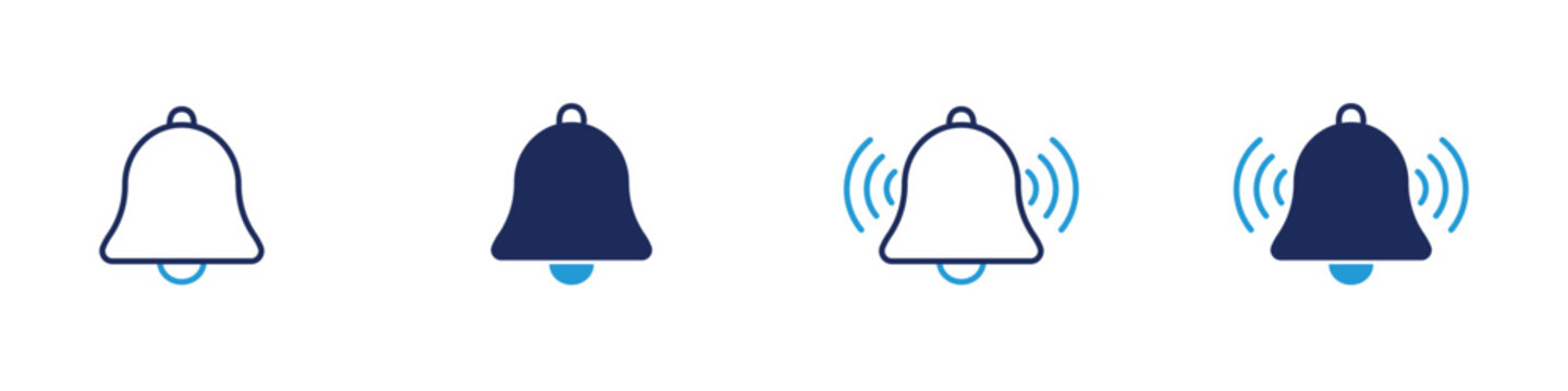 Set of simple notification bell icons in various styles and states with notification interface communication